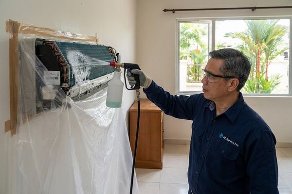 Technician performing aircond chemical wash
