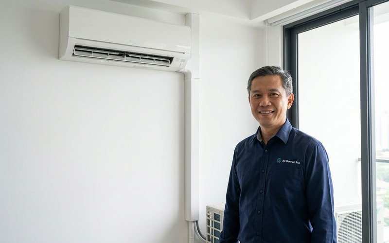 Completed aircond installation showing neat piping and trunking