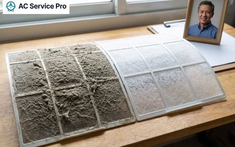 Comparison of dirty versus clean aircond filter showing airflow difference