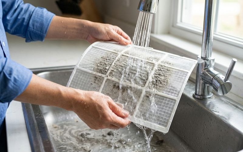 Rinsing aircond filter under running water in the sink