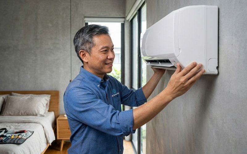 Technician mounting aircond indoor unit on wall bracket during installation