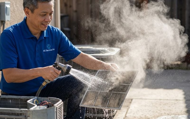 Technician cleaning aircond filter as part of standard maintenance service