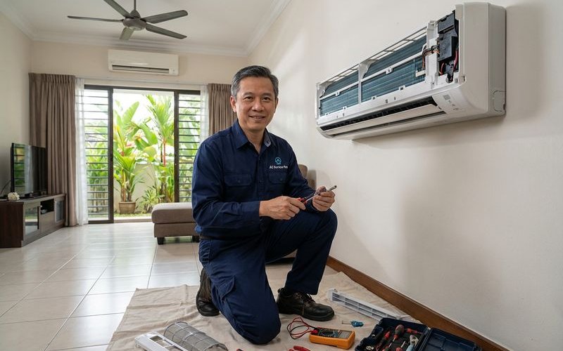 Wall mounted aircond unit being serviced by professional technician