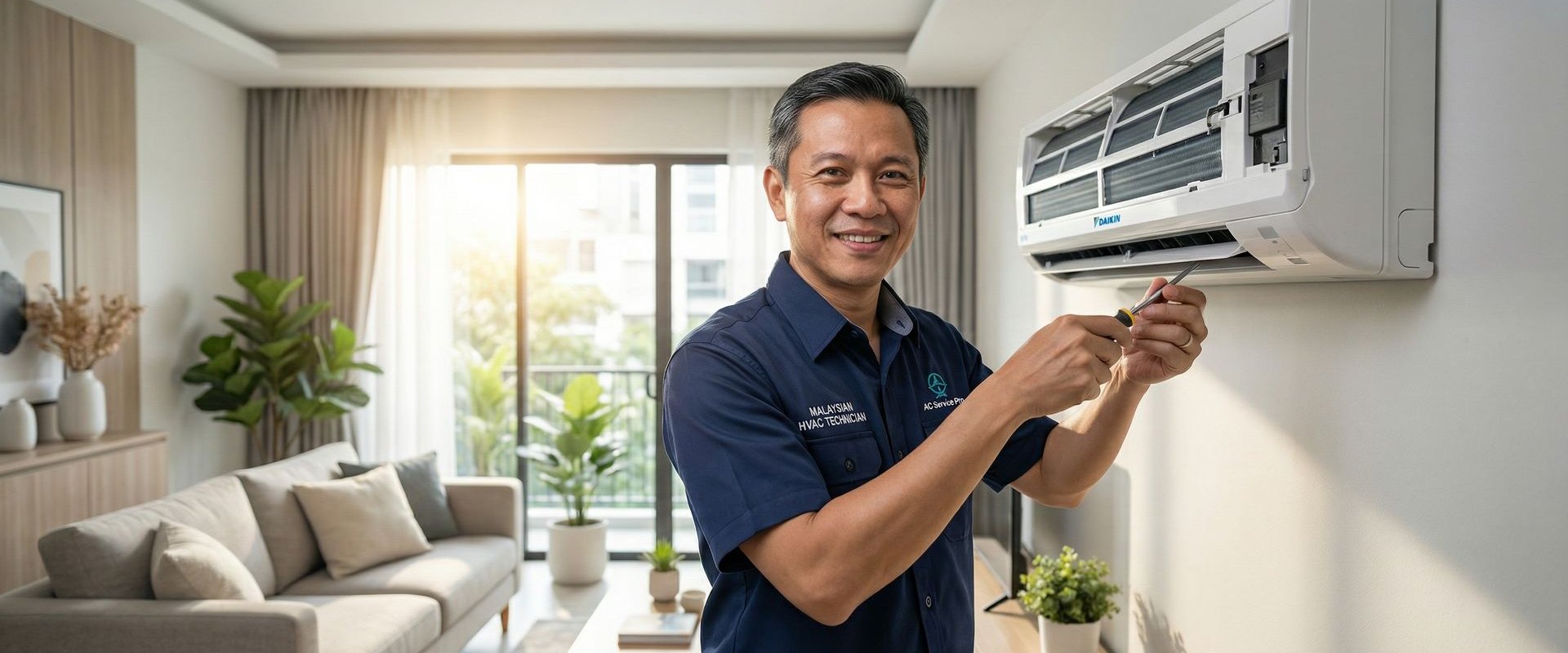 Professional aircond technician servicing a wall-mounted unit in a modern home